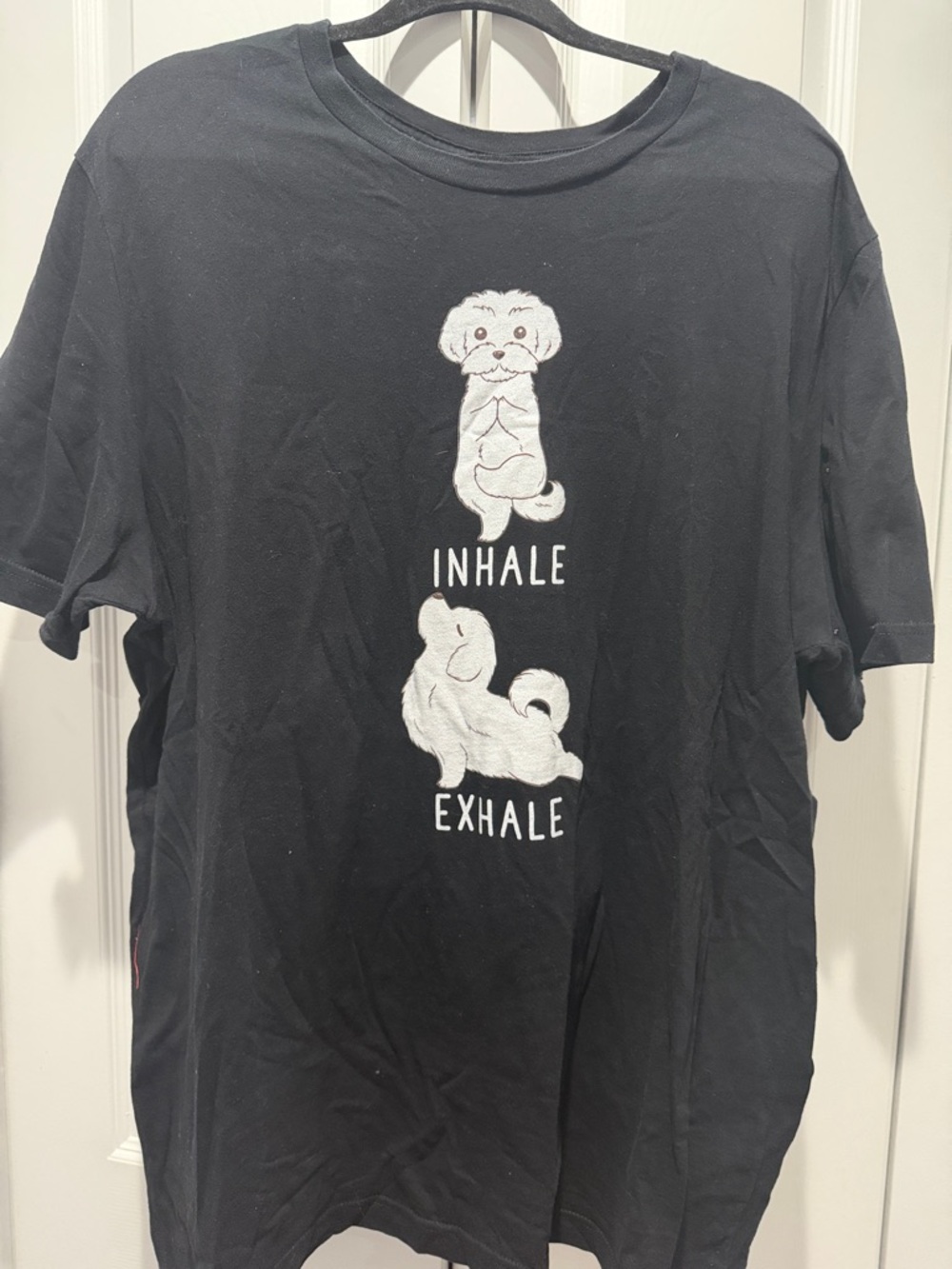 Black Graphic Tee with White 'Inhale Exhale' Puppy Design Size 2X